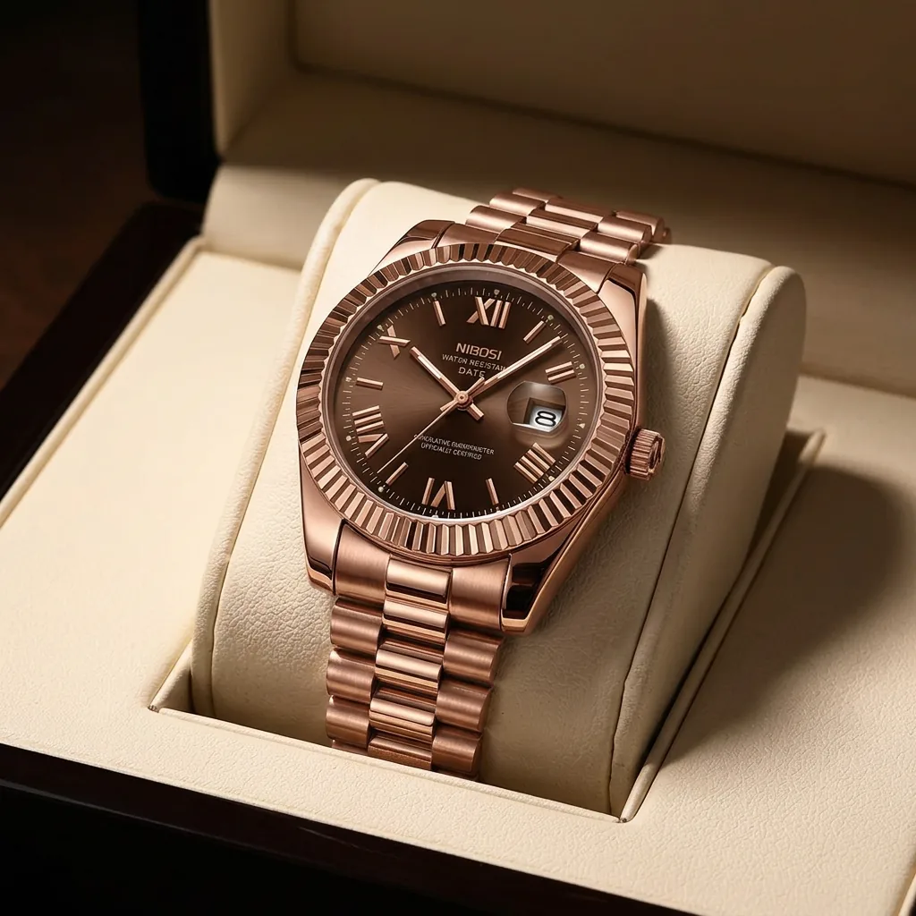 Nibosi Rose Gold Date watch, rose gold-tone stainless steel case
