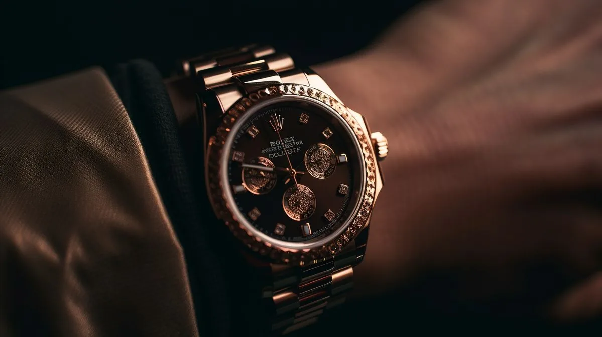 Rose gold chronograph watch on a wrist